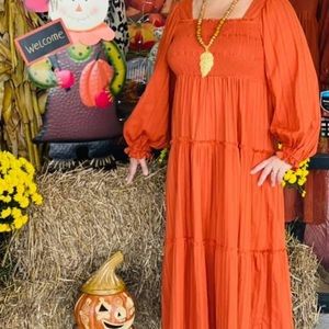 Square neck maxi dress, rust orange color